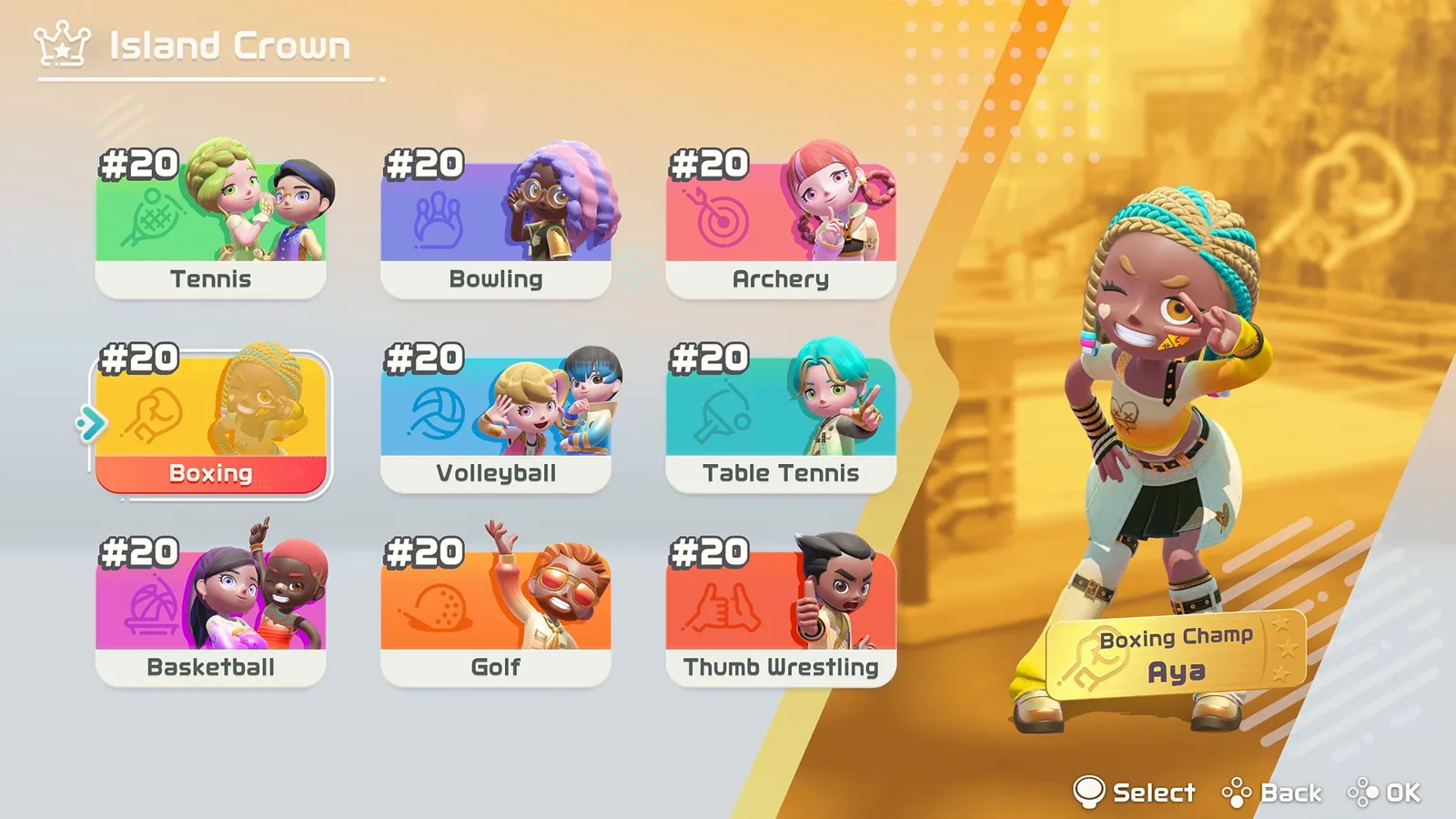 Island Crown ranking screen with the Boxing Island Champion