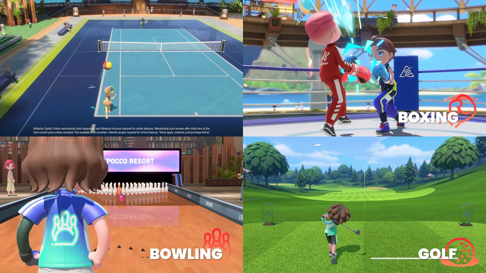 Collage of Tennis, Boxing, Bowling and Golf from Nintendo Switch Sports Resort